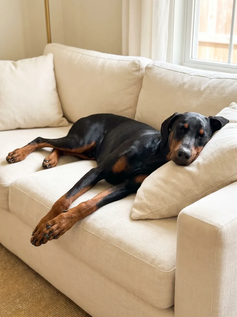 Doberman Pinscher, an adult stretched out on a cream sofa, head resting on a cushion