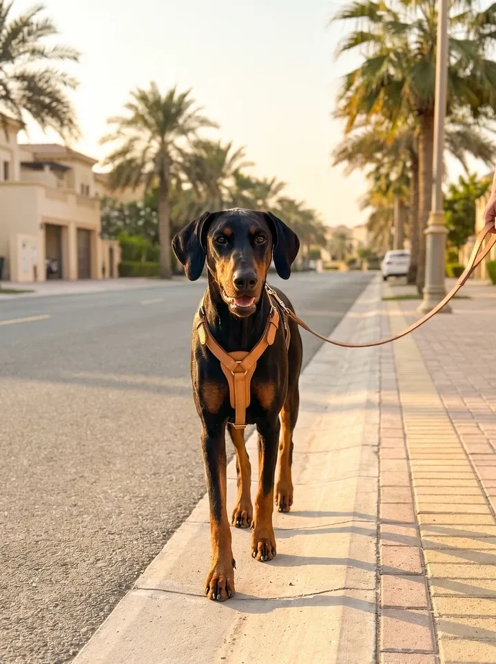 Doberman Pinscher in Dubai, an adult in a tan harness walking towards the camera on a palm-lined street at dawn
