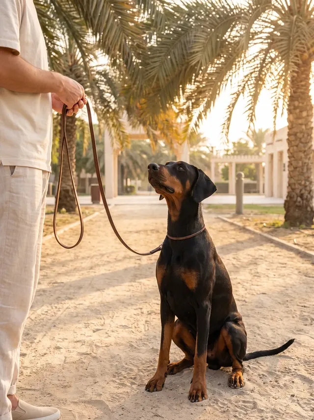 Doberman Pinscher in Dubai, an adult sitting on a sandy park path under palms, looking up at a pet parent