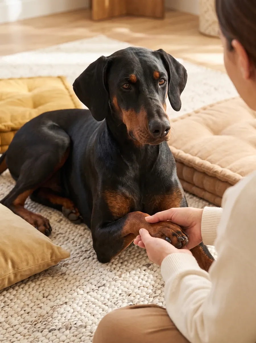 Doberman Pinscher, an adult lying on a woven rug among floor cushions while a pet parent holds a front paw