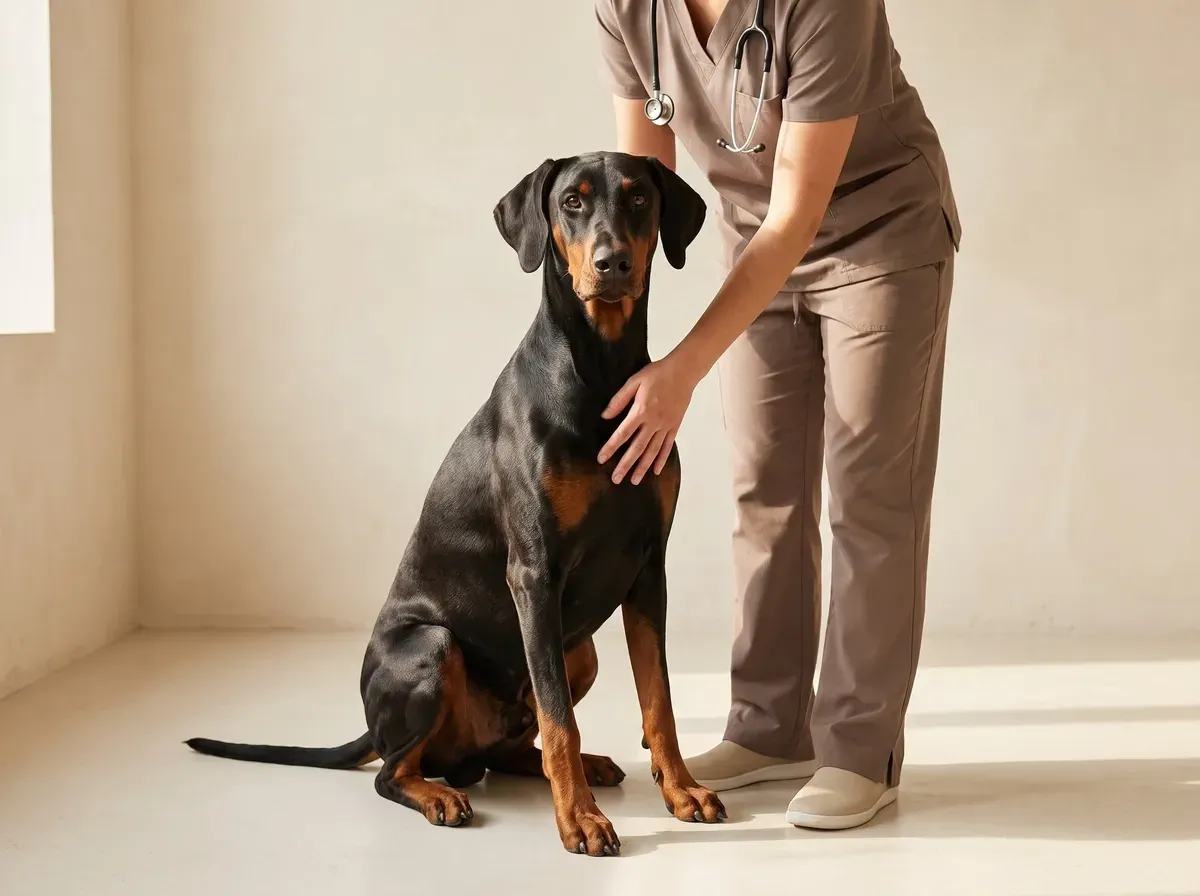 Doberman Pinscher, an adult sitting on the floor with a hand from a vet in taupe scrubs on the dog's chest