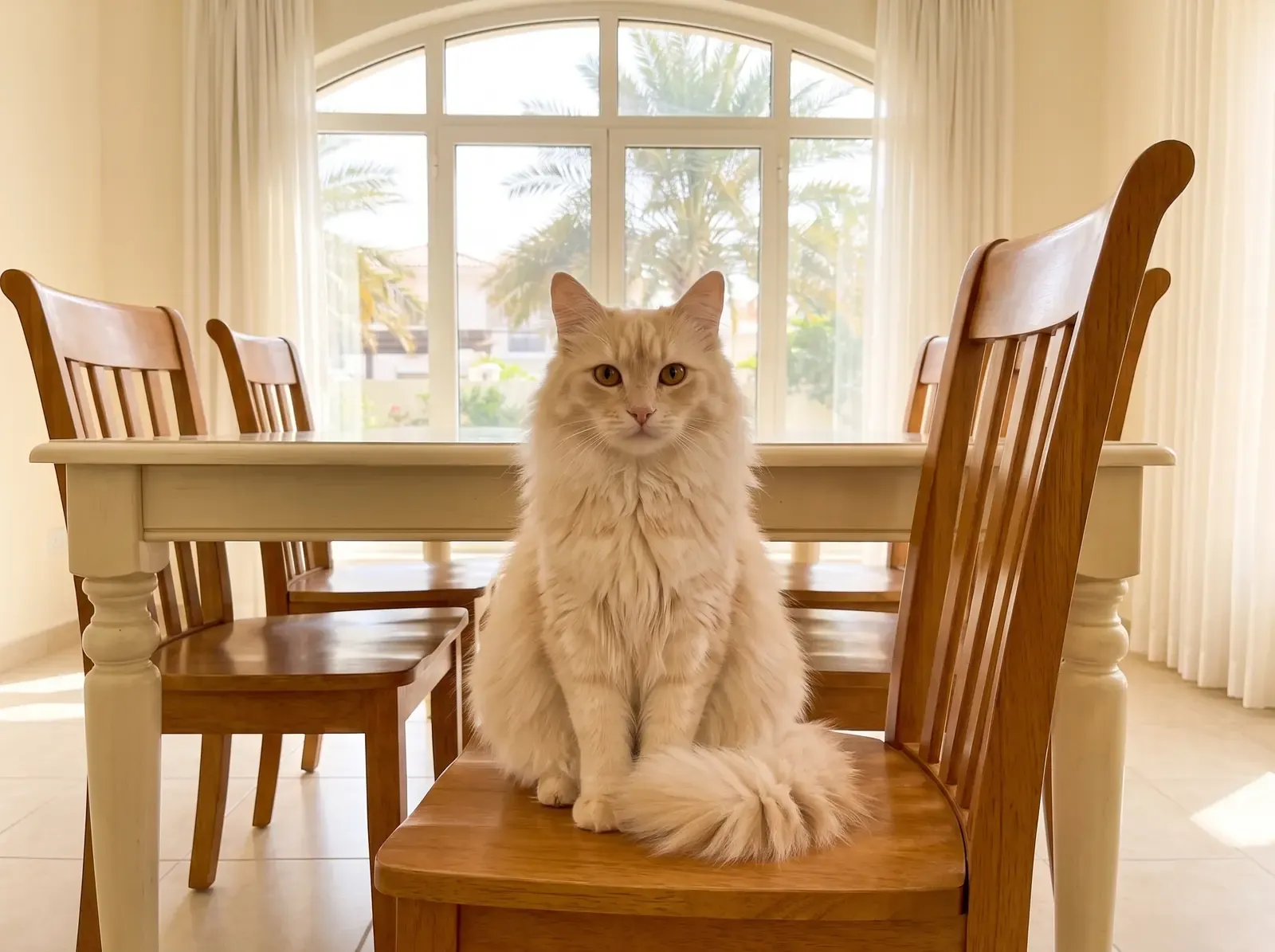 Domestic Longhair in Dubai, a cream adult sitting on a timber dining chair, palms through an arched window