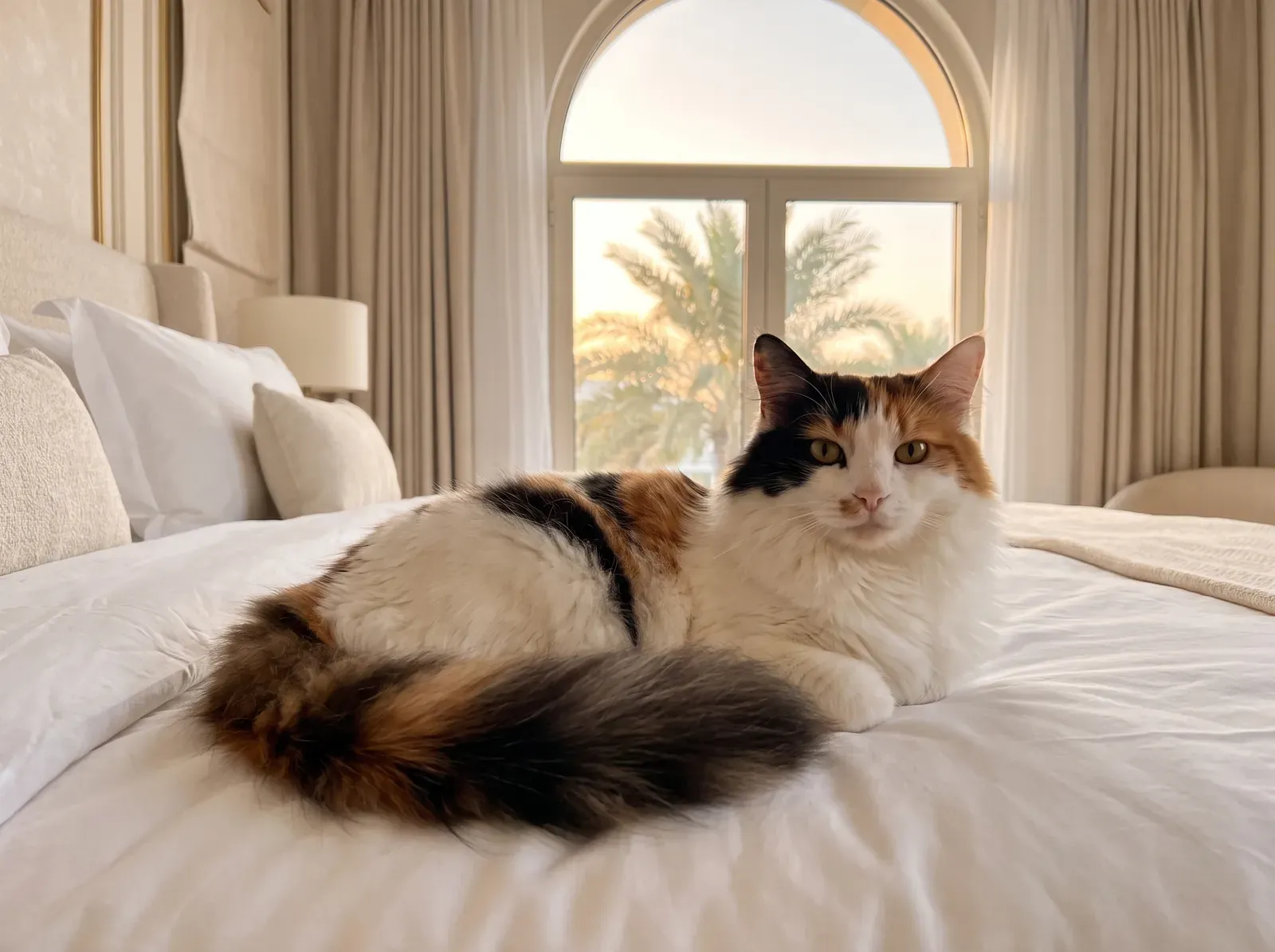 Domestic Longhair in Dubai, a calico adult with a plumed tail lying on white bedding, palms outside