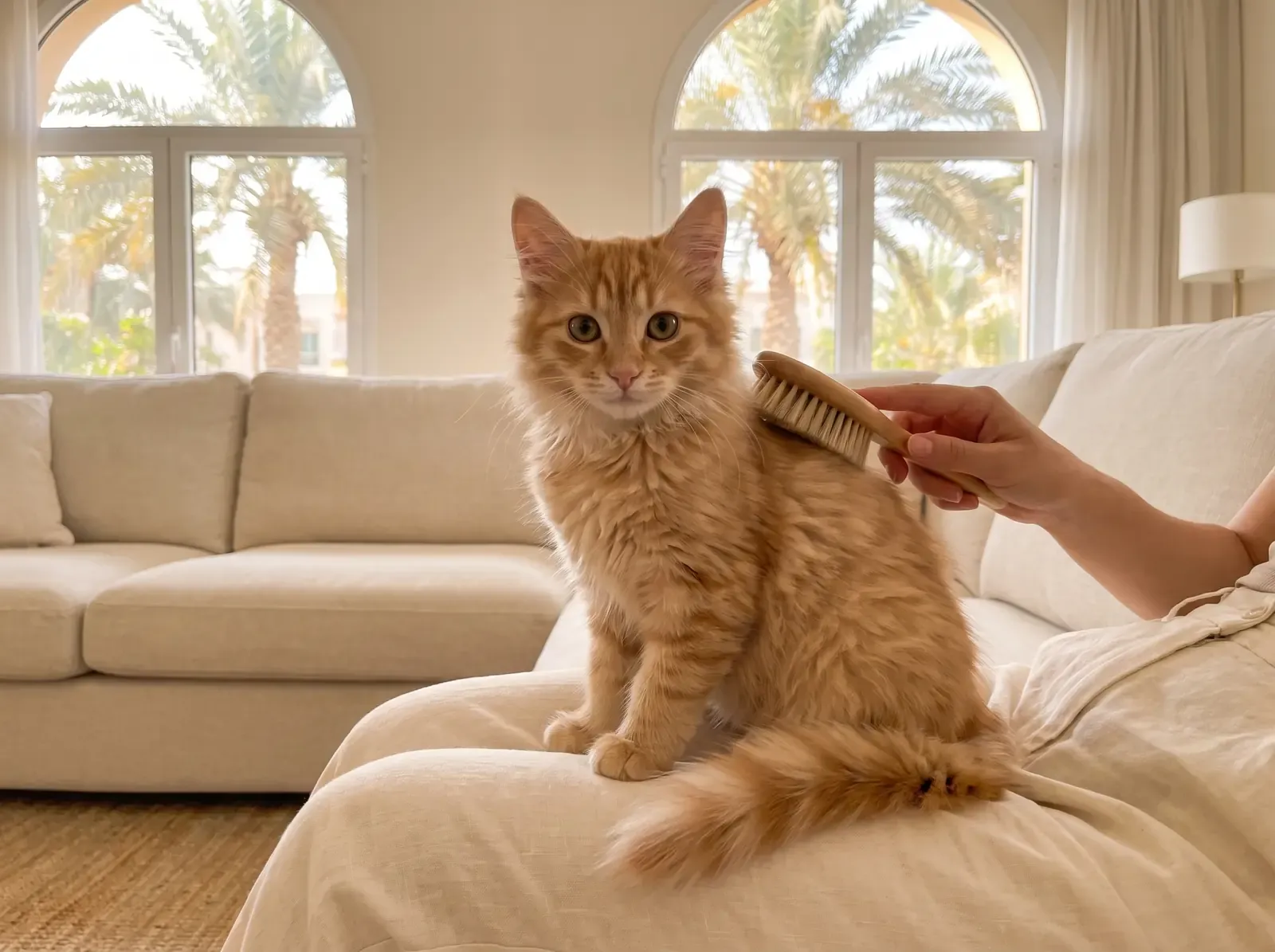 Domestic Longhair in Dubai, a ginger kitten on a lap being brushed gently, palms through arched windows