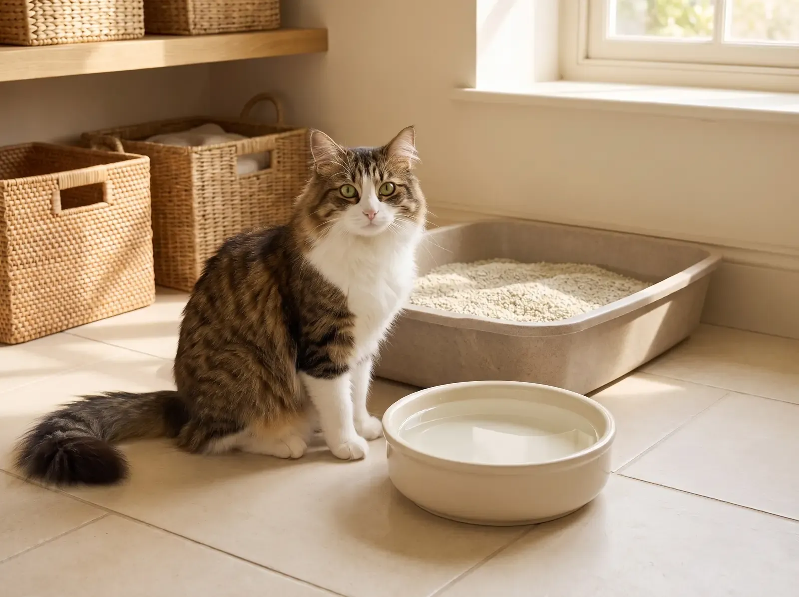 Domestic Longhair, a brown and white adult beside a wide water bowl and a large open litter tray