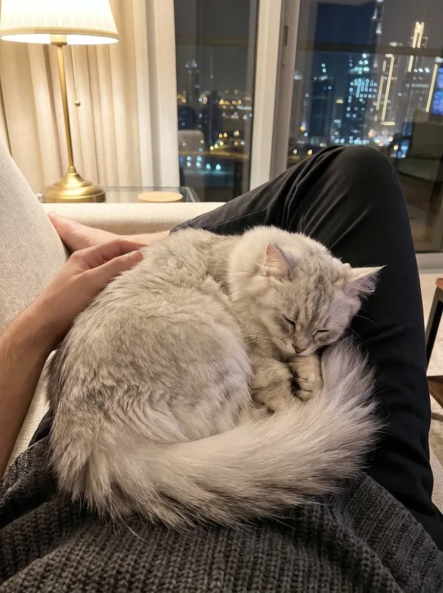 Domestic Longhair in Dubai, a silver adult asleep curled on a pet parent's knee at night, brass lamp and skyline