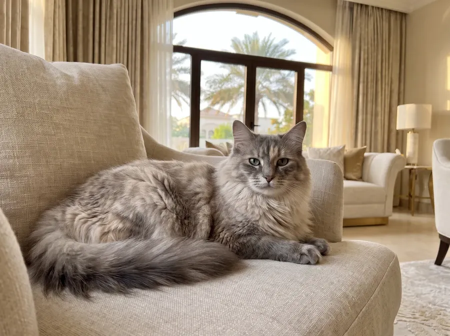 Domestic Longhair in Dubai, a calm blue-grey cat resting on a linen armchair, eyes bright, palms outside