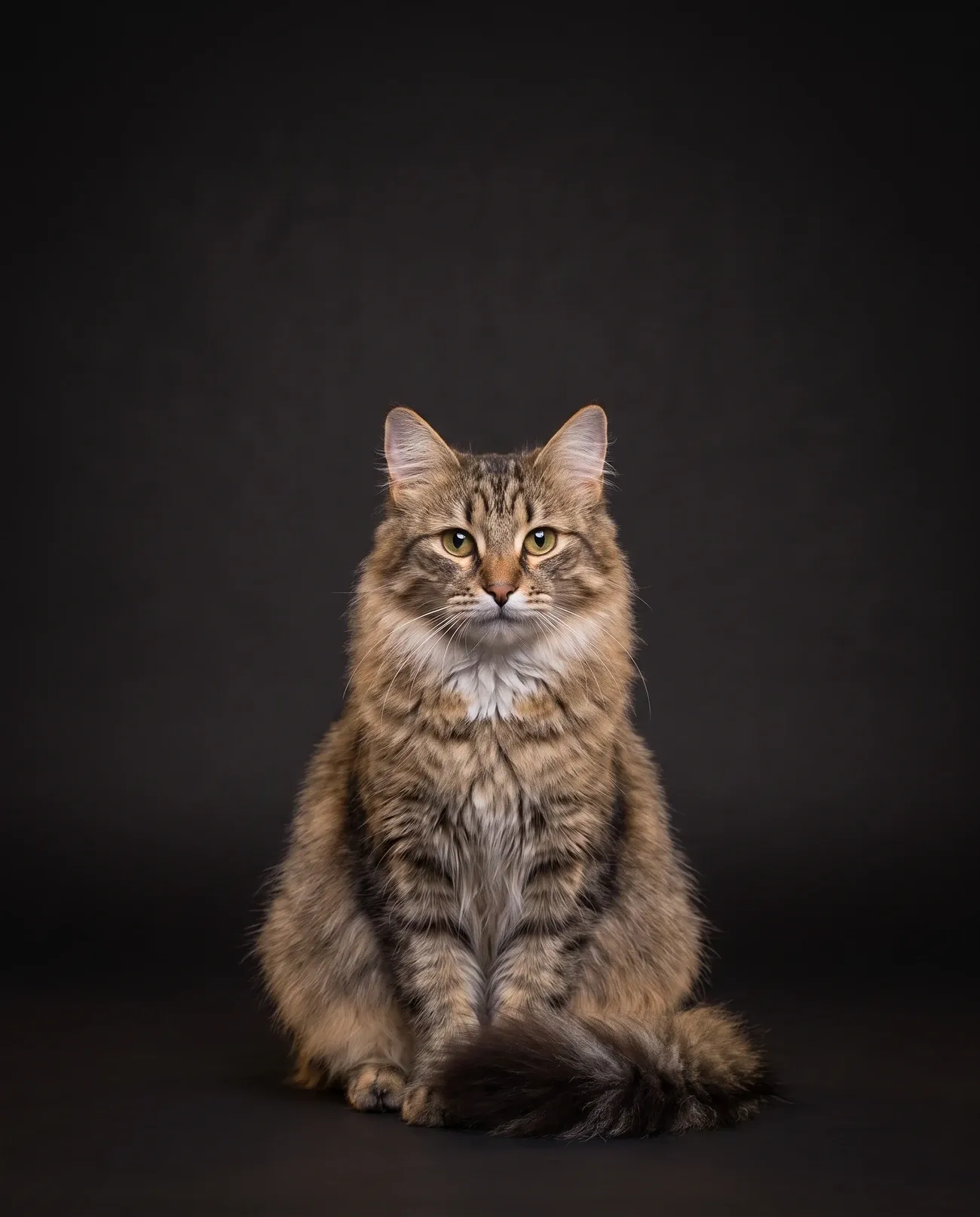 Domestic Longhair in Dubai, studio portrait of a calm brown tabby adult with a ruff and plumed tail sitting