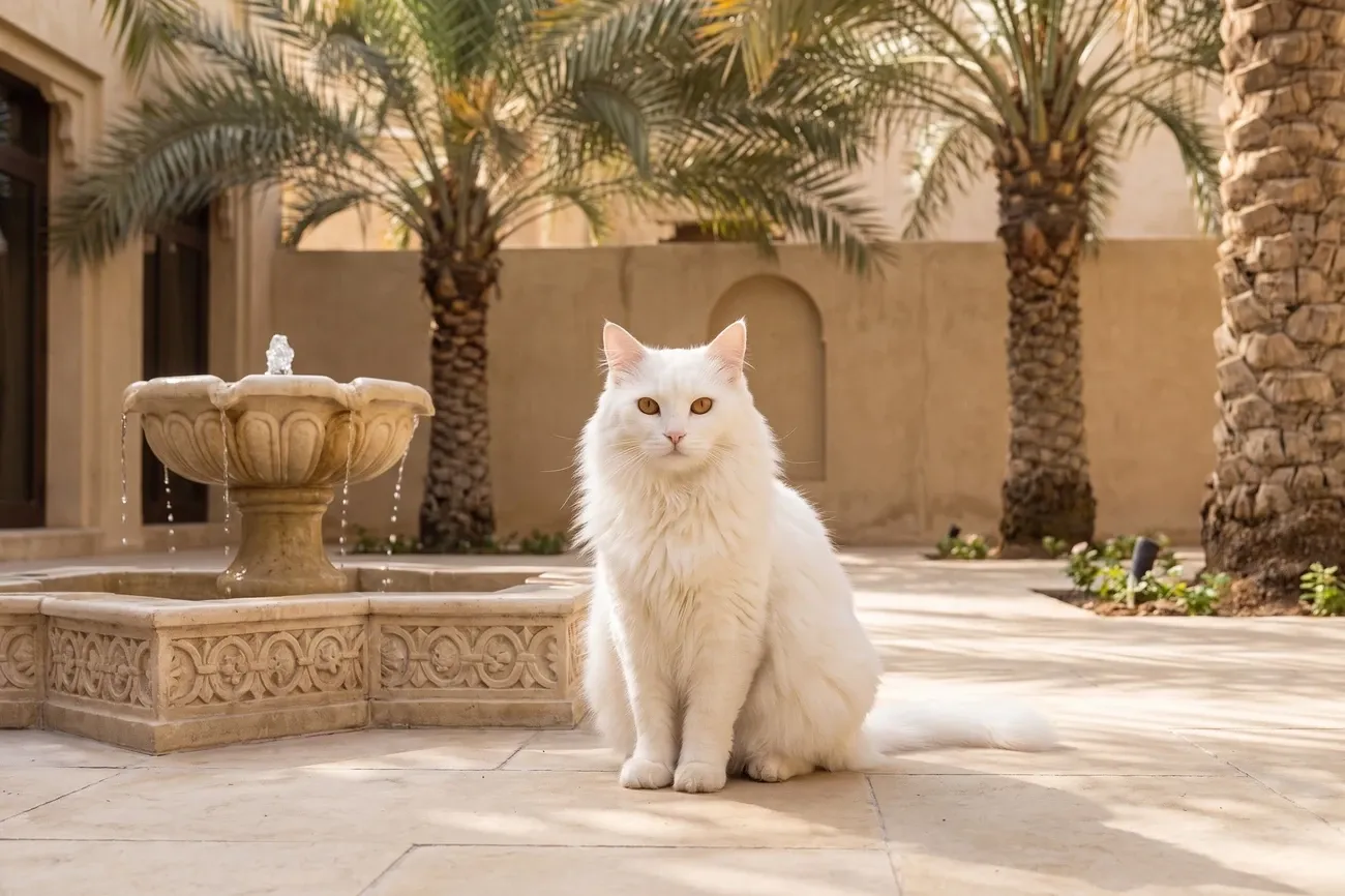 Domestic Longhair history, the cat today, a white adult by a fountain in a villa courtyard with palms, Dubai, 2026