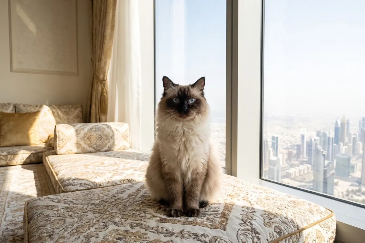 Domestic Longhair history, the cat today, a colourpoint adult on a majlis cushion high above the city, Dubai, 2026
