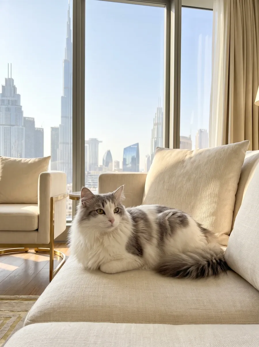 Domestic Longhair in Dubai, a white and grey adult lying on a cream sofa, the skyline through the window