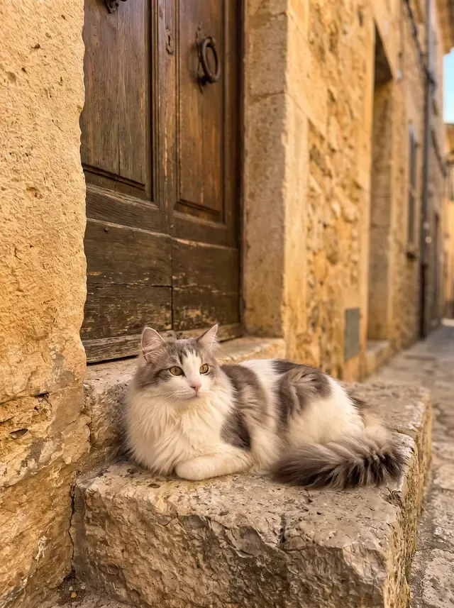 Domestic Longhair, a white and grey adult lying on an old stone doorstep in a narrow lane