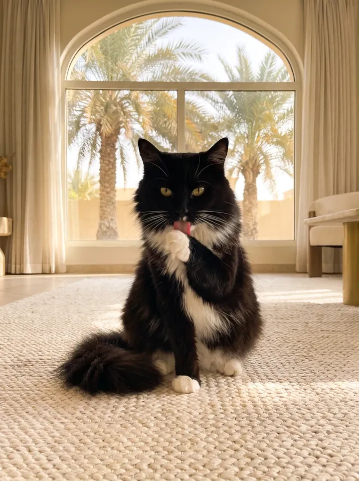 Domestic Longhair in Dubai, a black and white adult licking a paw on a cream rug, palms through an arched window