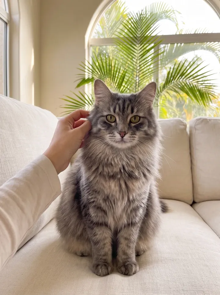 Domestic Longhair in Dubai, a blue-grey tabby on the sofa while a hand parts the fur behind one ear, a palm behind