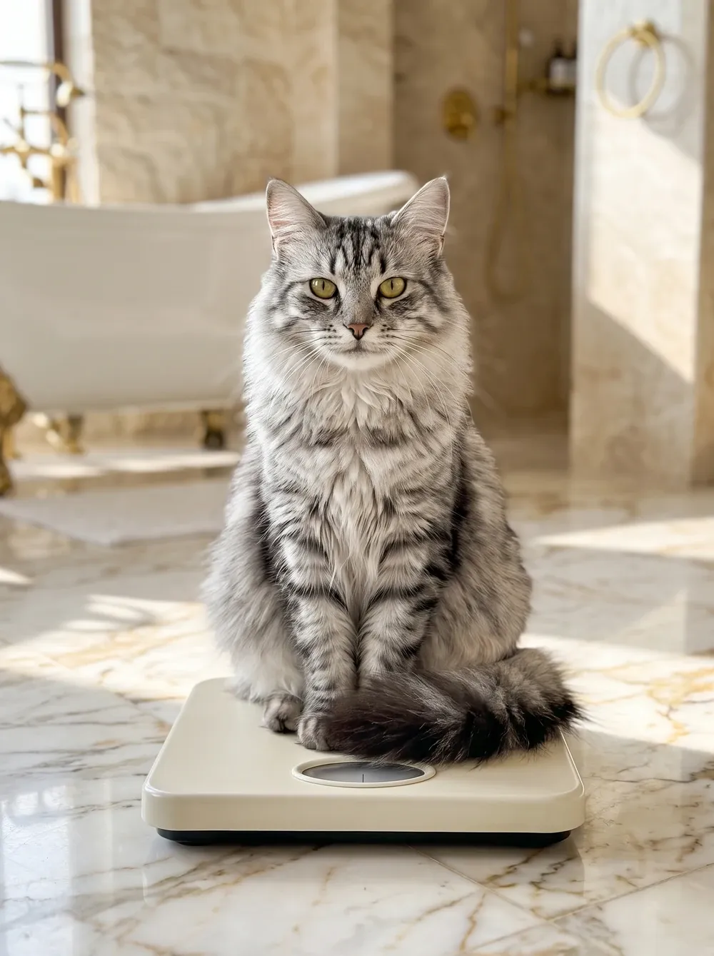 Domestic Longhair, a silver tabby adult sitting on bathroom scales on a marble floor