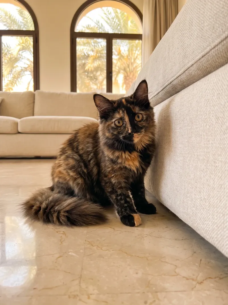 Domestic Longhair in Dubai, a tortoiseshell kitten by the end of a sofa, palms through arched windows
