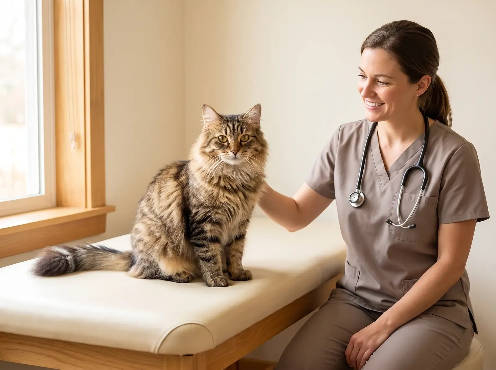 Domestic Longhair, a brown tabby adult on a padded table, a smiling vet in taupe scrubs stroking their back