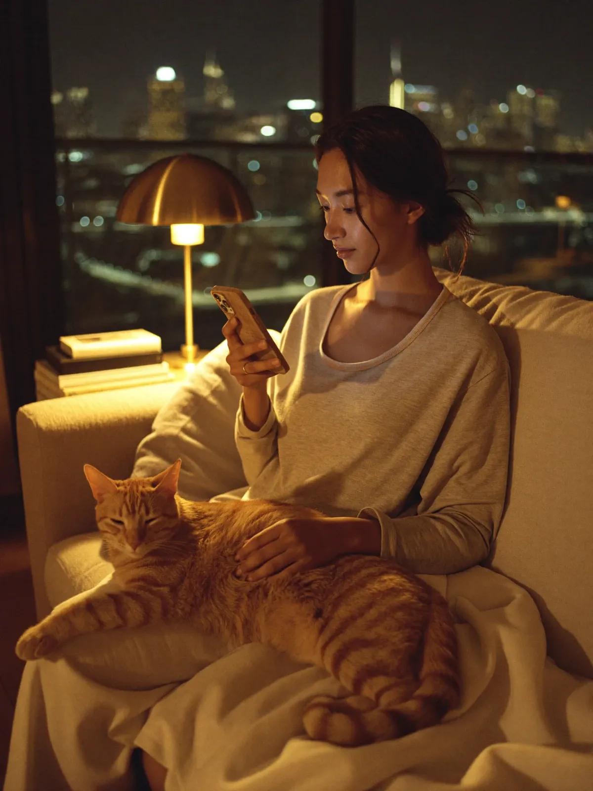 Domestic Shorthair in Dubai, a ginger cat stretched across a pet parent's lap at night, the skyline behind