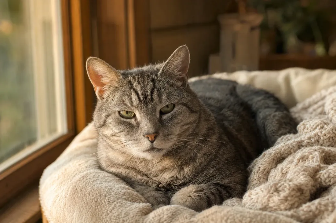 Domestic Shorthair, an older silver tabby resting on a cushioned bed by a window, eyes open