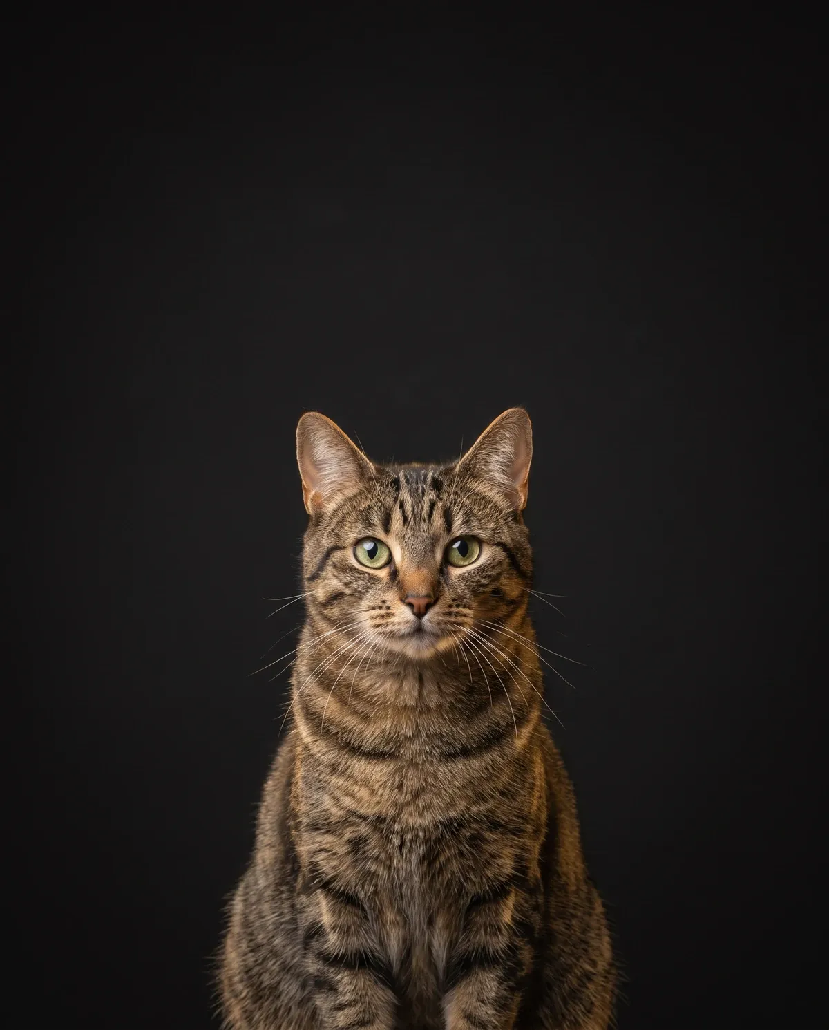 Domestic Shorthair in Dubai, studio portrait of a calm brown tabby adult sitting