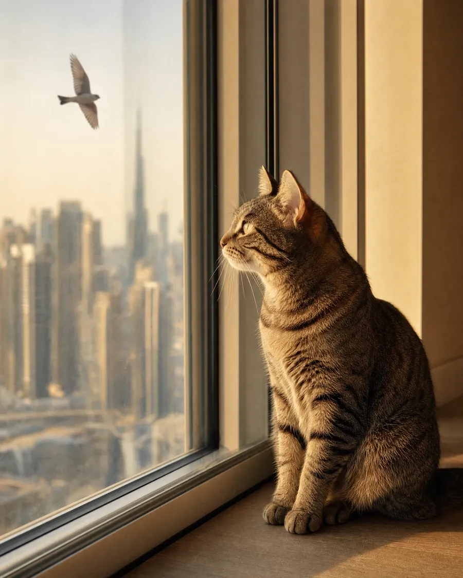 Domestic Shorthair in Dubai, a brown tabby at a high window looking out at the towers