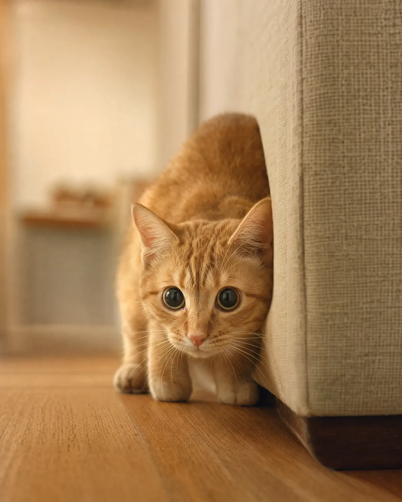 Domestic Shorthair, a young ginger cat crouched behind a sofa arm, about to pounce