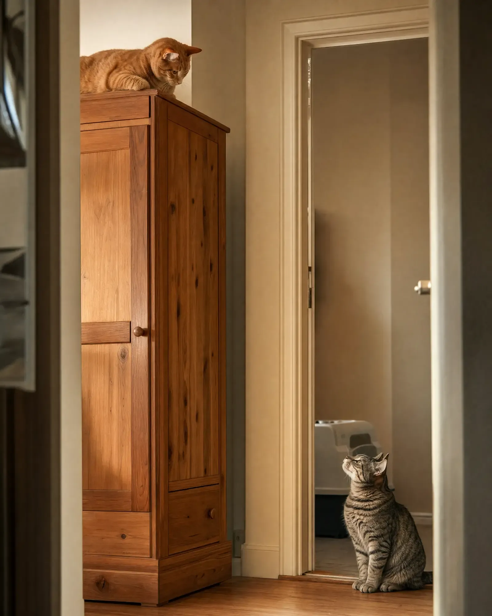 Domestic Shorthair, one cat on top of a wardrobe watching a tabby in the hallway below