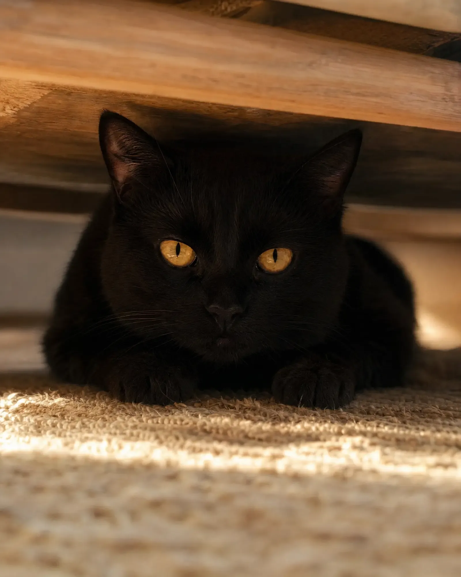 Domestic Shorthair, a black cat watching calmly from under a bed
