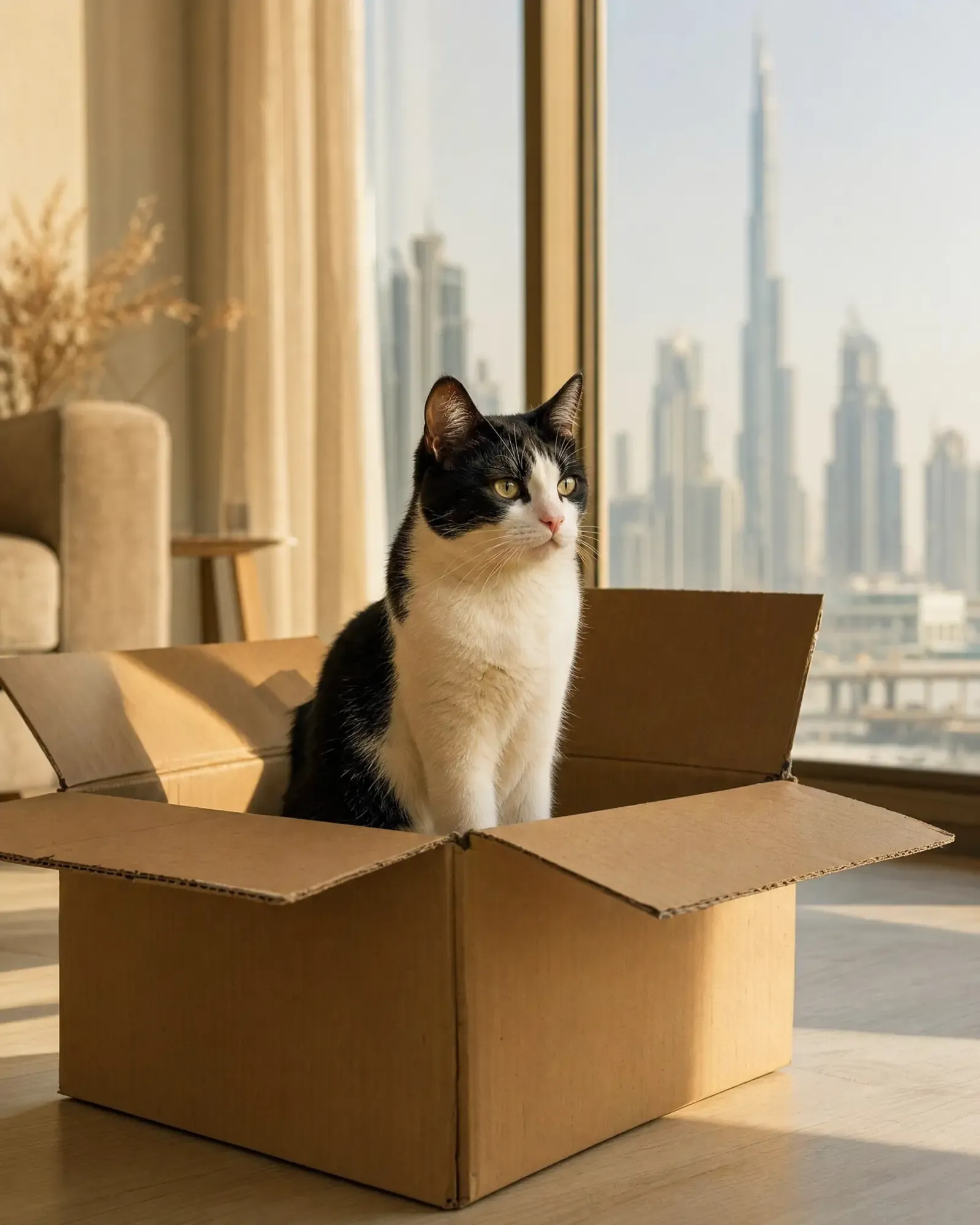 Domestic Shorthair in Dubai, a black and white cat in a cardboard box, the skyline through the window