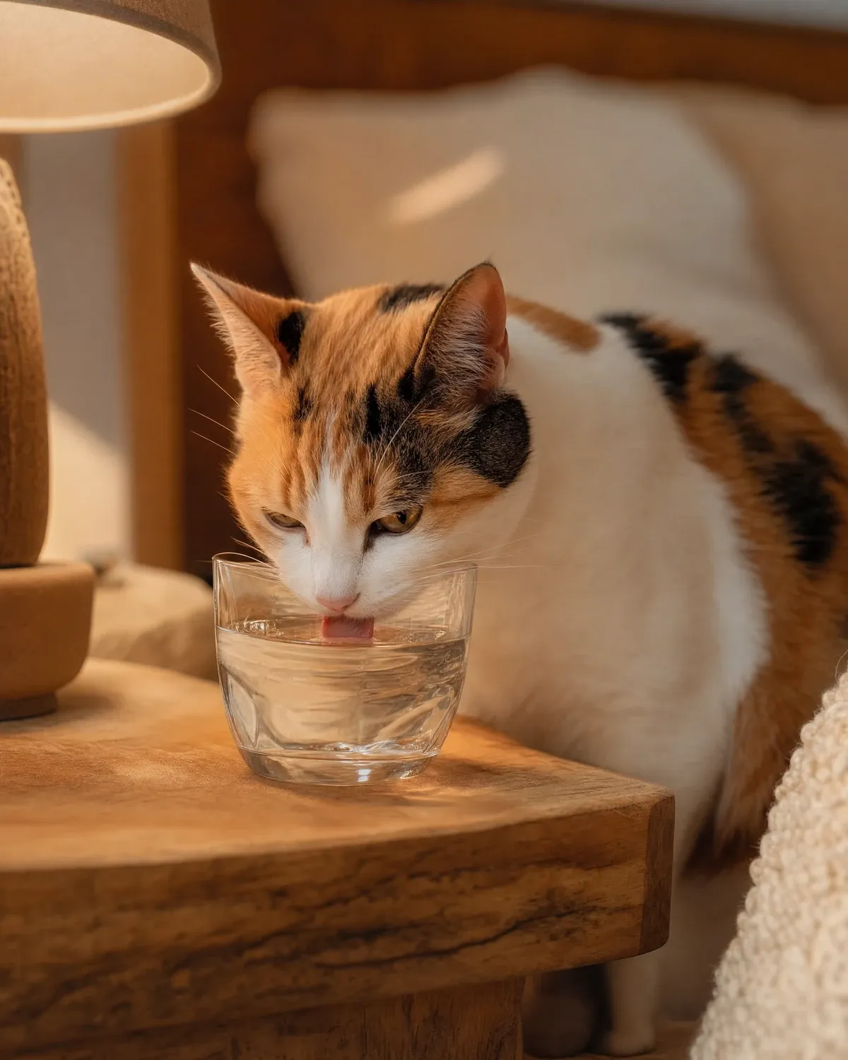 Domestic Shorthair, a calico cat drinking from a glass on a bedside table