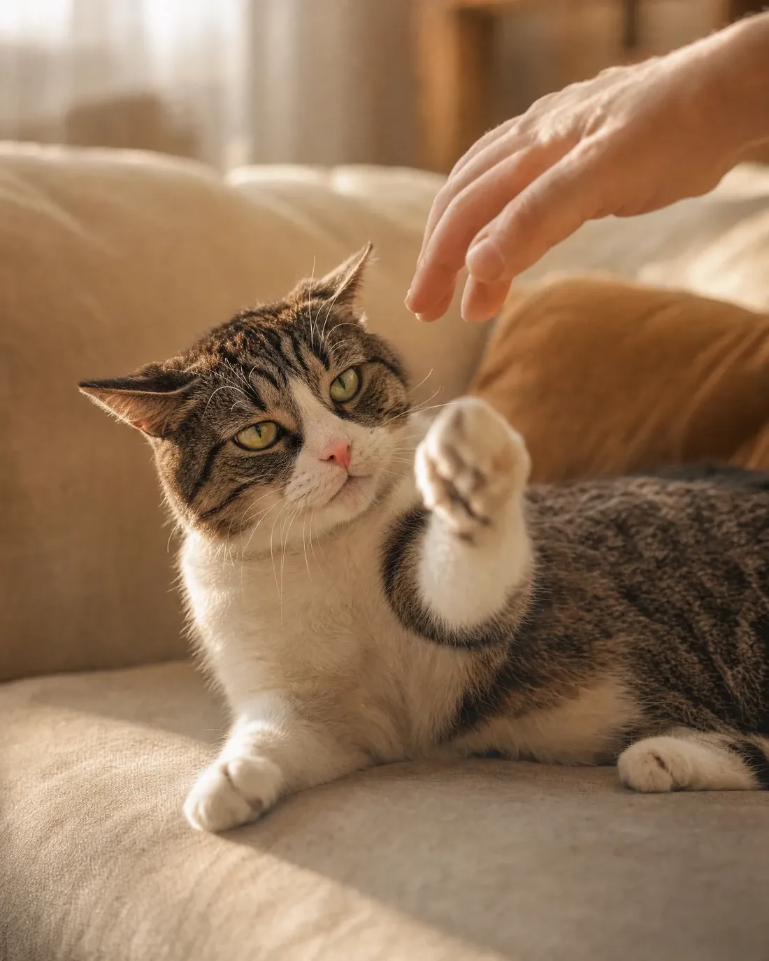 Domestic Shorthair, a tabby and white cat on a sofa, paw raised at a hand