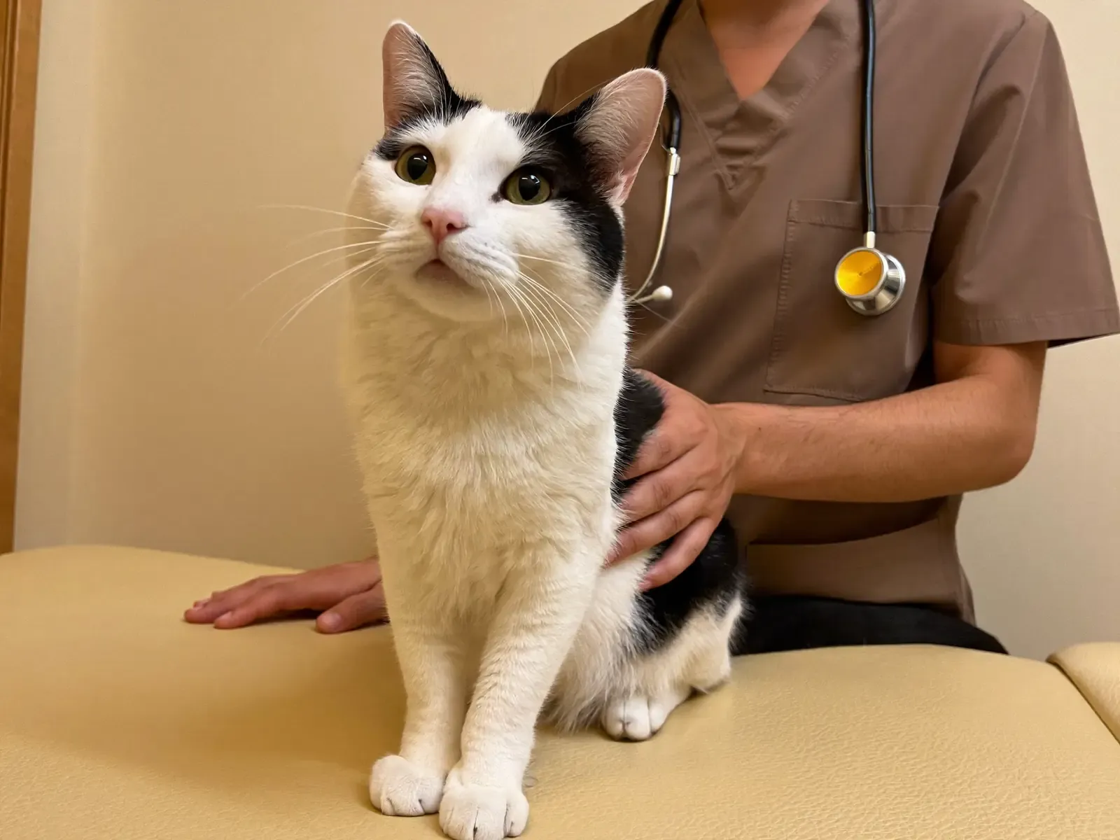 Domestic Shorthair, a black and white cat on a padded table, a vet in taupe scrubs with a hand on their back