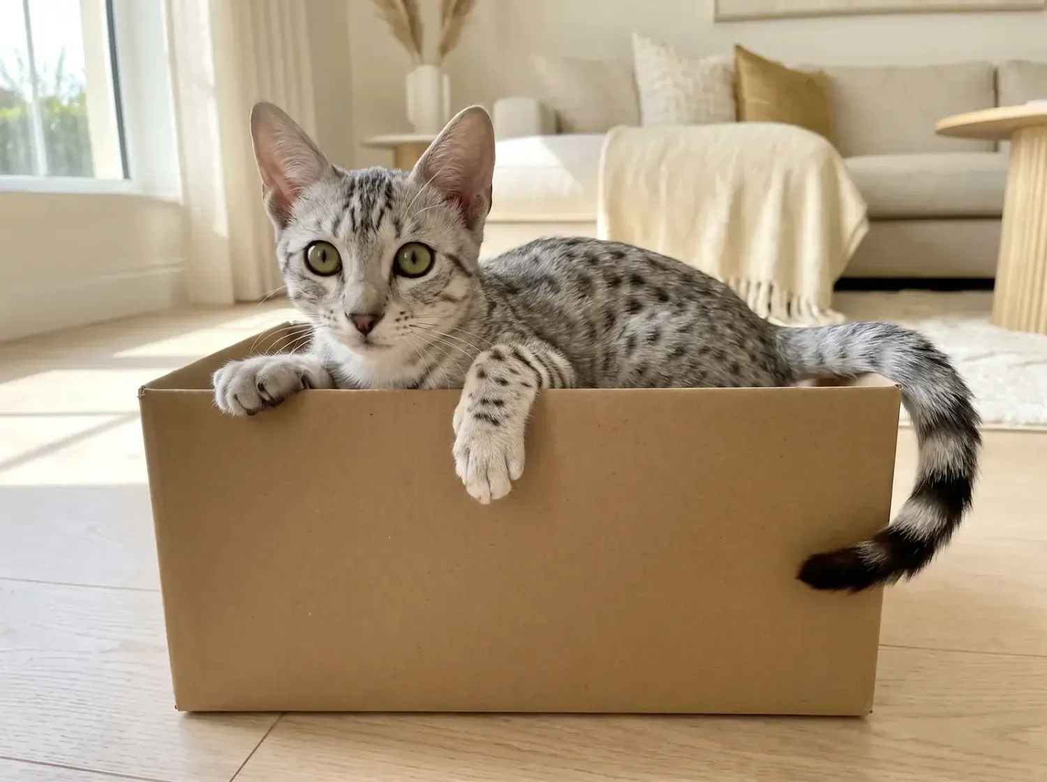 Egyptian Mau, a silver kitten peeking out of a cardboard box on a timber floor