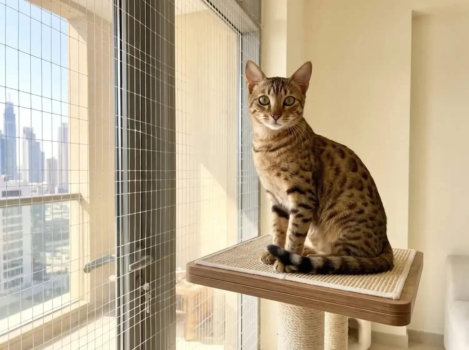 Egyptian Mau in Dubai, a young bronze cat on a cat tree by a netted balcony door, skyline outside