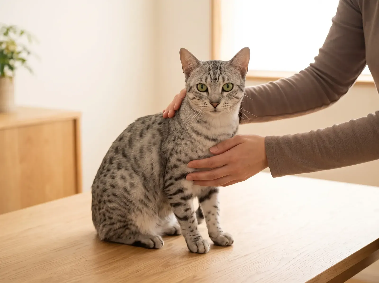 Egyptian Mau, a silver adult sitting calmly on a consultation table, steadied by hands in taupe sleeves