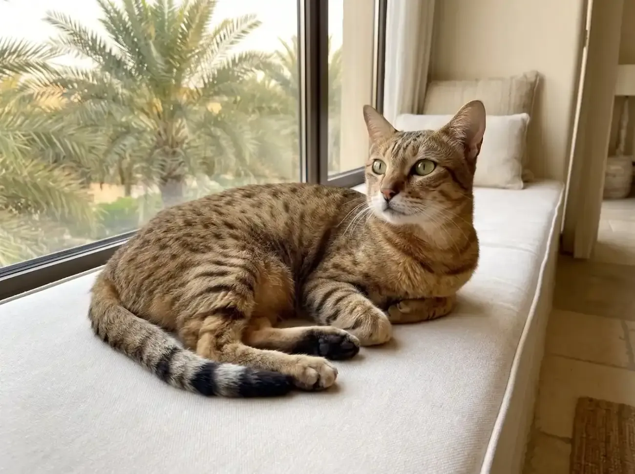 Egyptian Mau in Dubai, an older bronze cat resting on a window seat, date palms outside