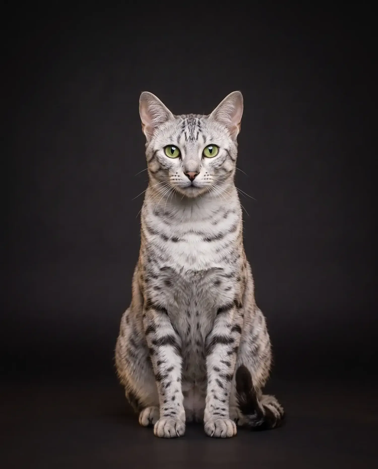 Egyptian Mau in Dubai, studio portrait of a calm silver spotted adult with green eyes, sitting