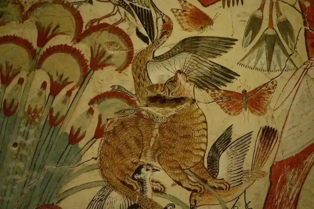 Egyptian Mau history, an ancient Egyptian painting of a cat among papyrus and birds, tomb of Nebamun, British Museum