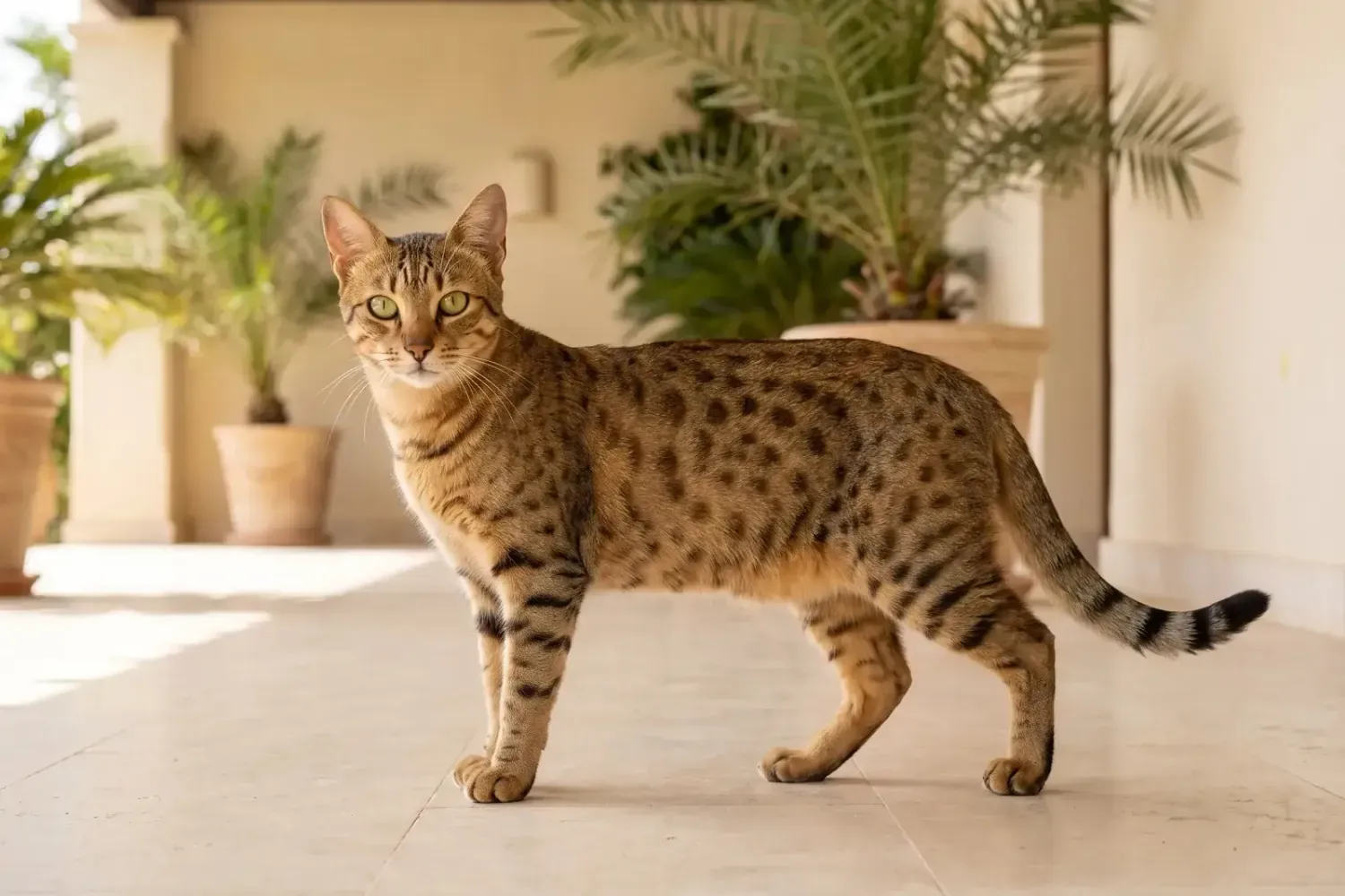 Egyptian Mau history, the breed today, a bronze adult on a shaded villa terrace, Dubai, 2026