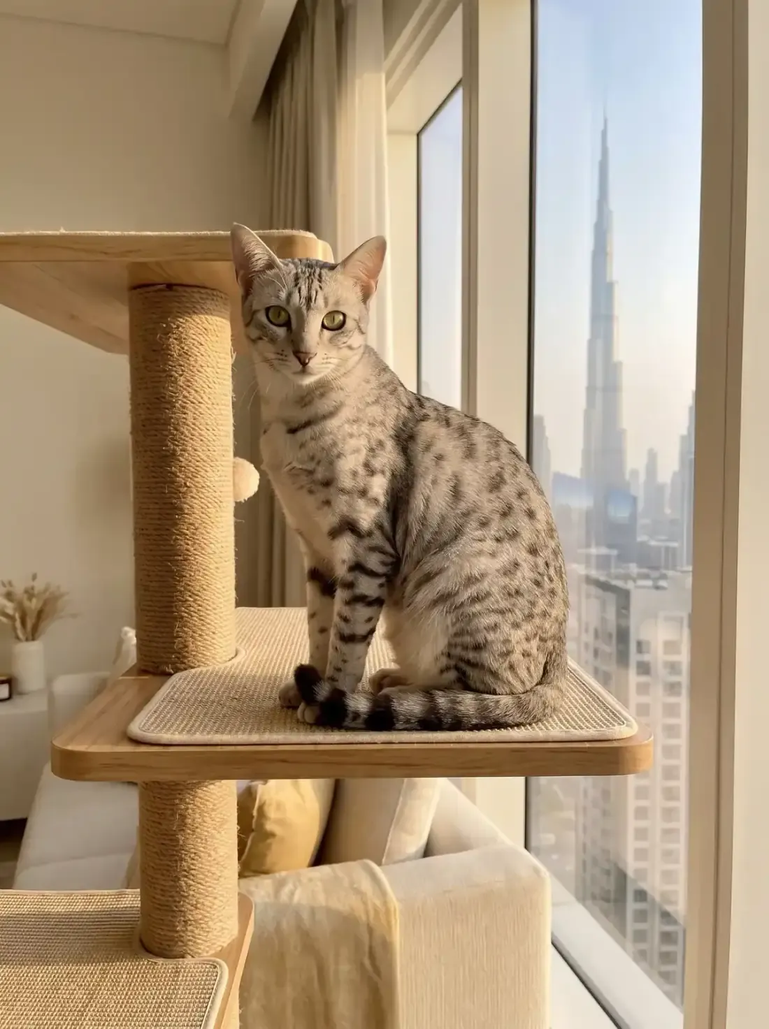 Egyptian Mau in Dubai, the same silver cat on a tall cat tree, the skyline through the window