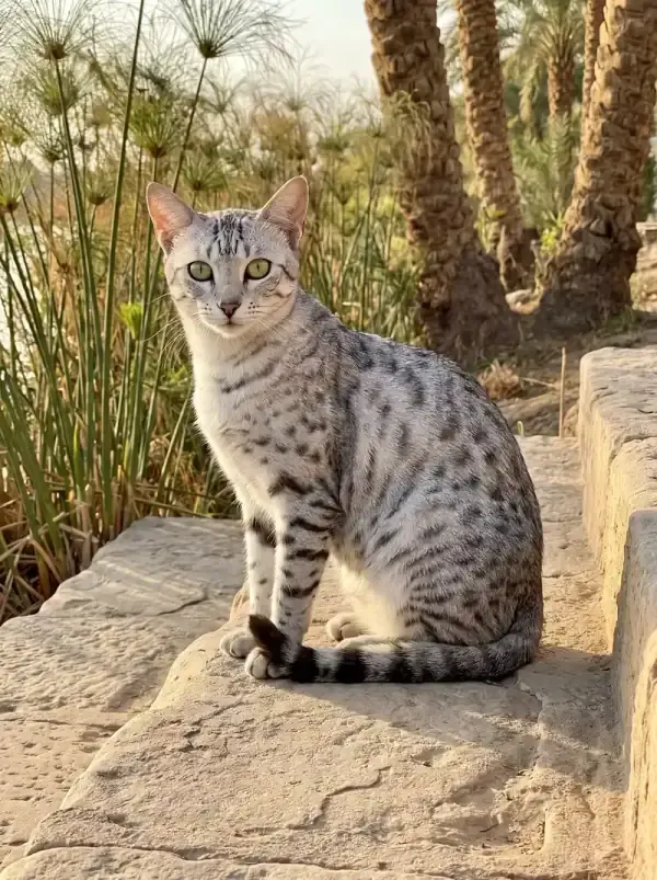 Egyptian Mau, a silver adult sitting on a sandstone step by papyrus reeds and palms