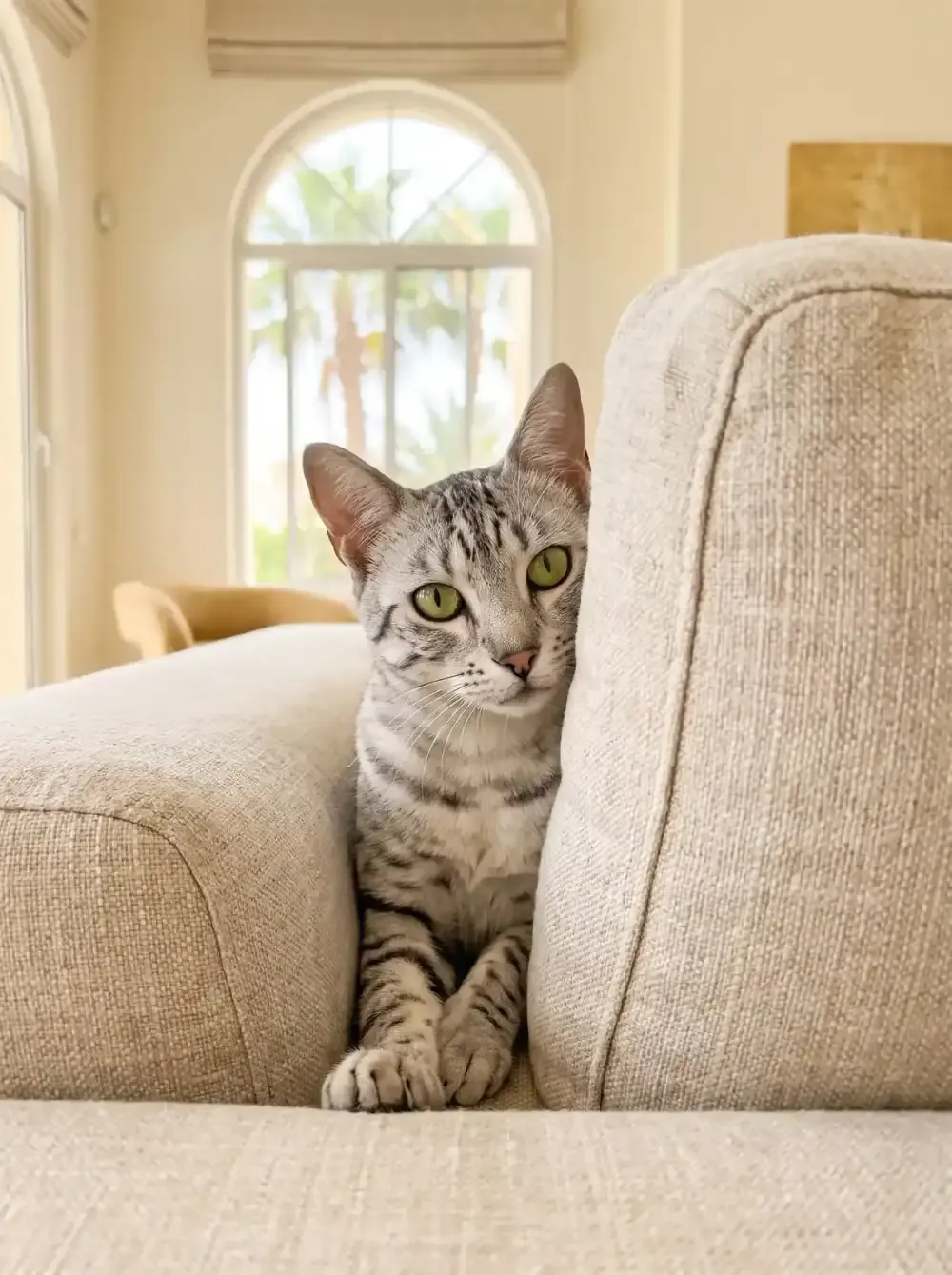 Egyptian Mau in Dubai, a silver adult peeking out from behind a sofa cushion, palms through an arched window