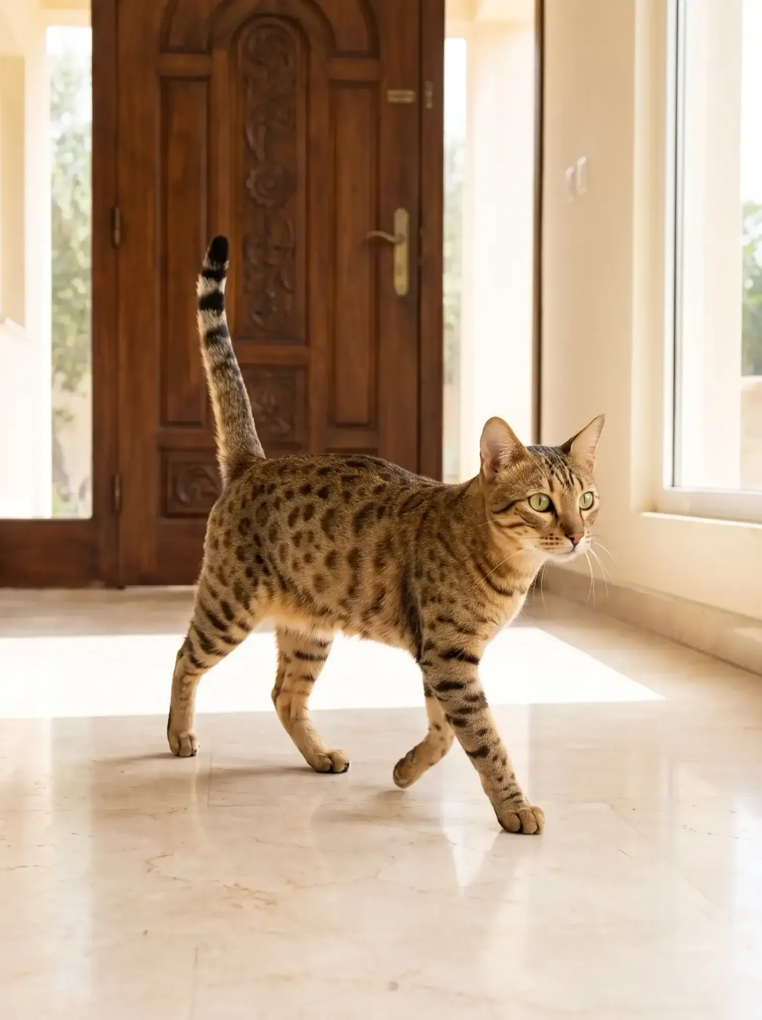 Egyptian Mau, a bronze adult trotting across a marble hallway with tail up, a carved front door behind