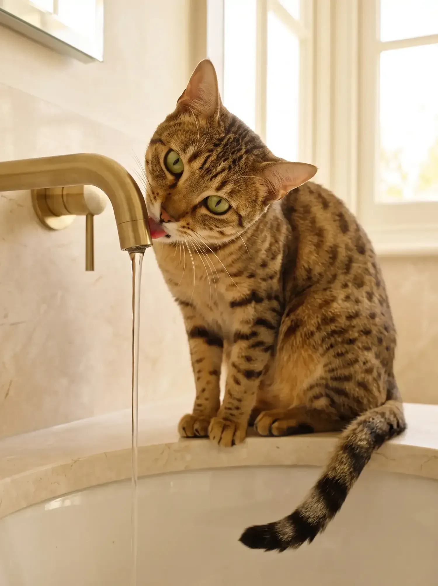 Egyptian Mau, a bronze adult sitting on a stone basin, licking a running brass tap