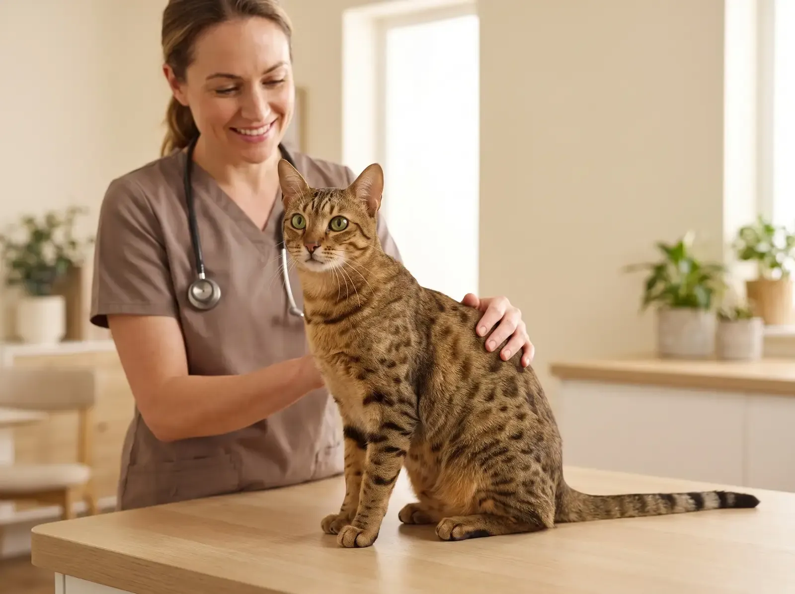 Egyptian Mau, a bronze adult on a consultation table beside a smiling vet in taupe scrubs, a hand on the cat