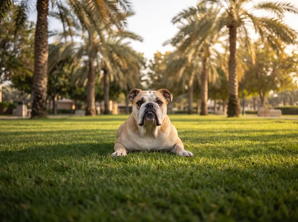 English Bulldog in Dubai, a fawn and white adult lying on a shaded park lawn under date palms