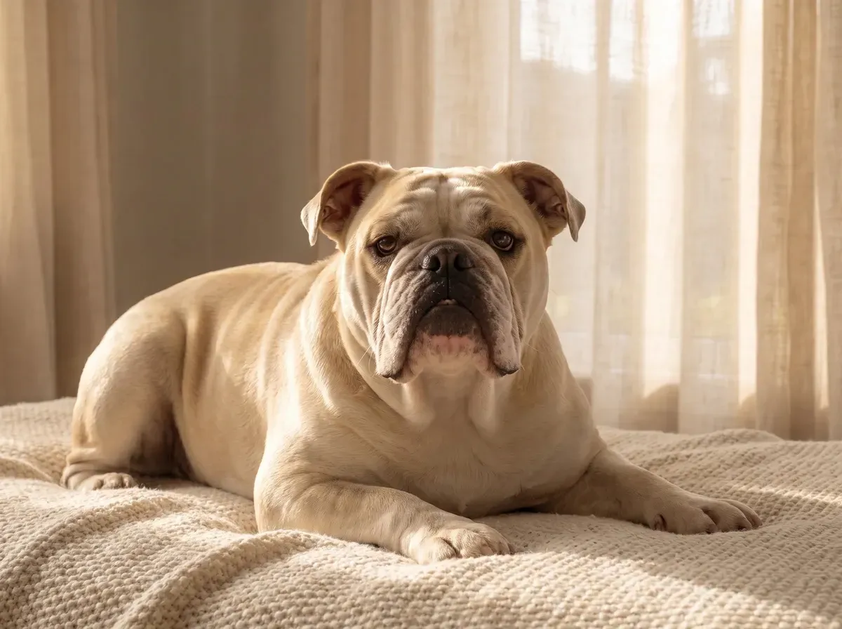 English Bulldog, a fallow adult lying calmly on a cream blanket in a quiet room