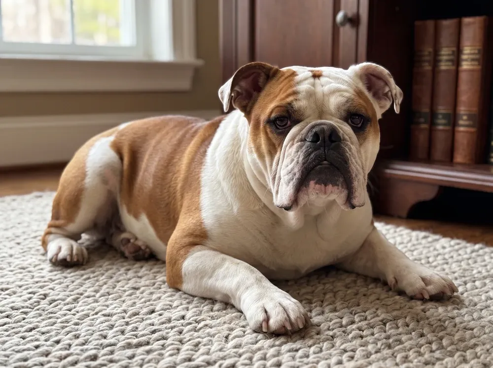English Bulldog, a red and white adult lying on a stone-coloured rug in a study