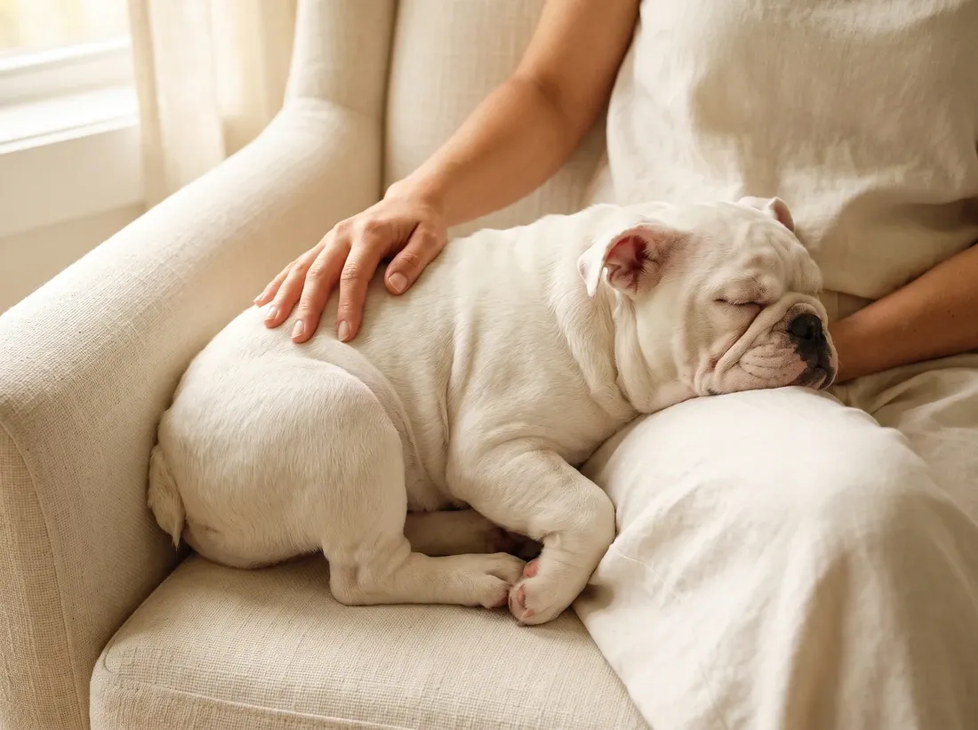 English Bulldog, a white puppy asleep in a pet parent's lap in a linen armchair