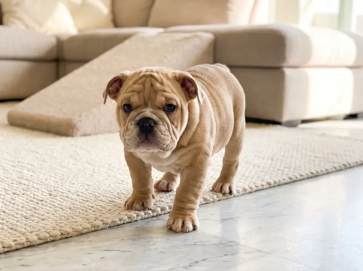 English Bulldog, a fawn puppy walking across a rug on a cool marble floor, a ramp by the sofa